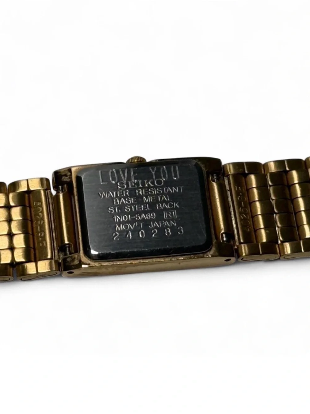 VTG Seiko Tank Watch Womens Gold Tone Black Dial Quartz Japan Bracelet 1N01-5A69